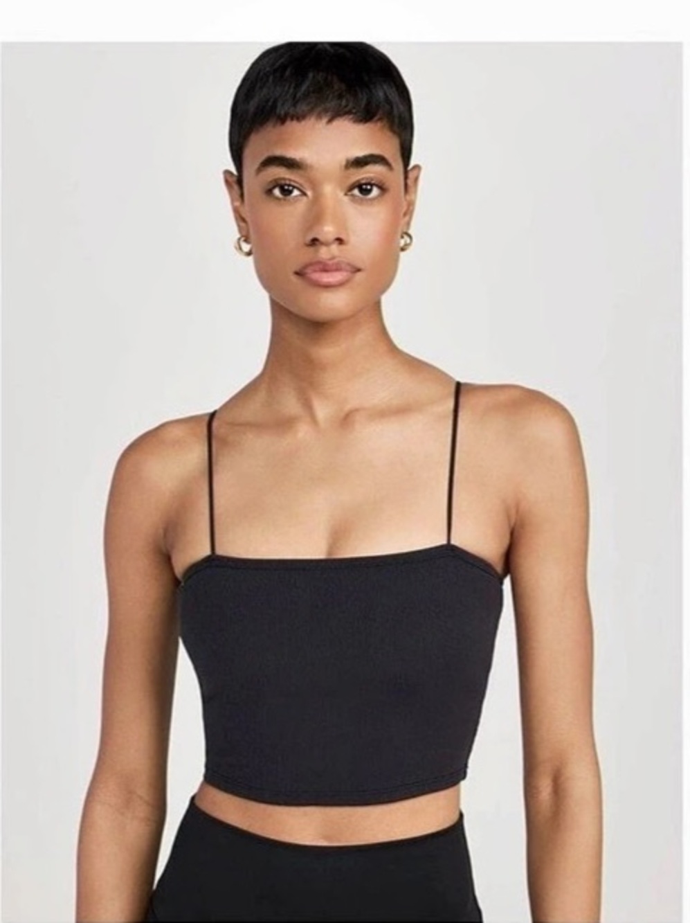 Alo Goddess Ribbed Spaghetti Strap Crop Top in Black XS